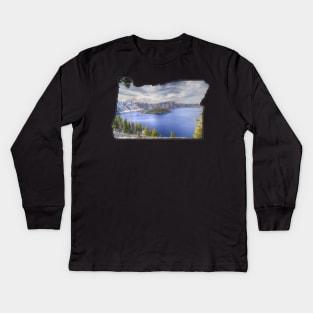 Oregon State Outline (Crater Lake & Wizard Island) Kids Long Sleeve T-Shirt